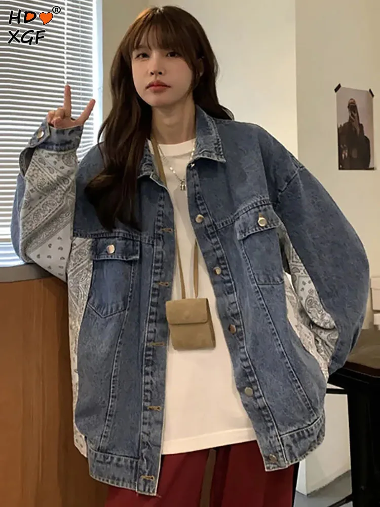 

Женская джинсовая куртка, однобортная Свободная джинсовая куртка в стиле пэчворк с карманами и отложным воротником в Корейском стиле, весна 2019