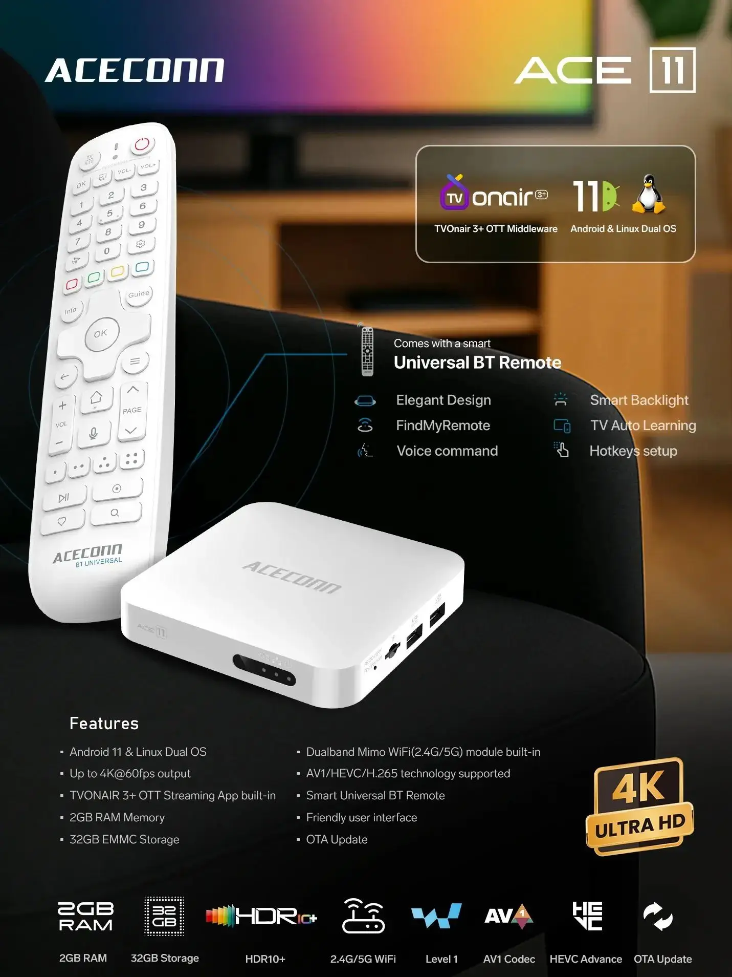 ACECONN ACE11 Потоковая передача Android Linux iptv Boxes 4K HD TVONAIR 32 ГБ Dual WiFi BT Дистанционная подсветка Автоматическое обучение Горячие клавиши TV Box (art.: 3920d439c029f) - 3920d439c029f