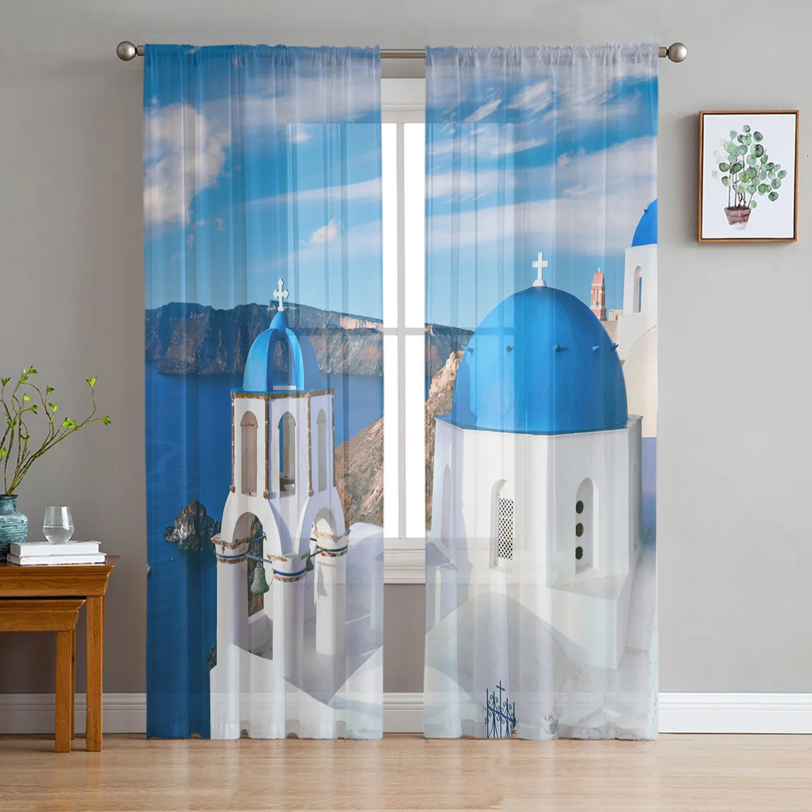 

Greece Santorini Church Tulle Curtains Kitchen Sheer Window Curtains for Living Room Home Decor Bedroom Printed Voile Curtain