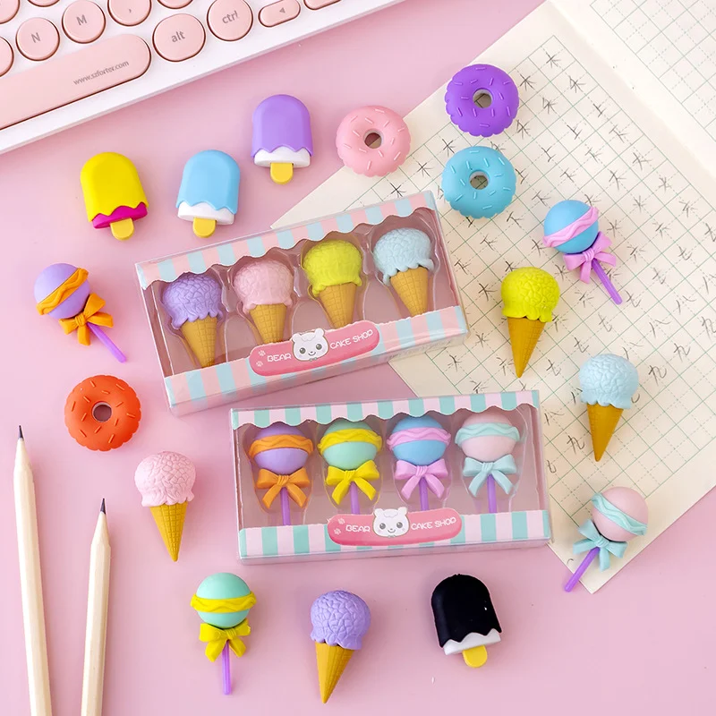 

4 Pcs/set Novelty Cartoon Dessert Series Erasers Cute Mini Lollipop Icecream Rubber Pencil Eraser Kids Student School Stationery
