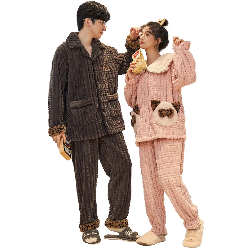 QUHENG Autumn Winter Pyjamas Women Sets Thicken and Keep Warm Cartoon Home Wear Men Clothes Flannel Sleepwear Couple Sleepwear