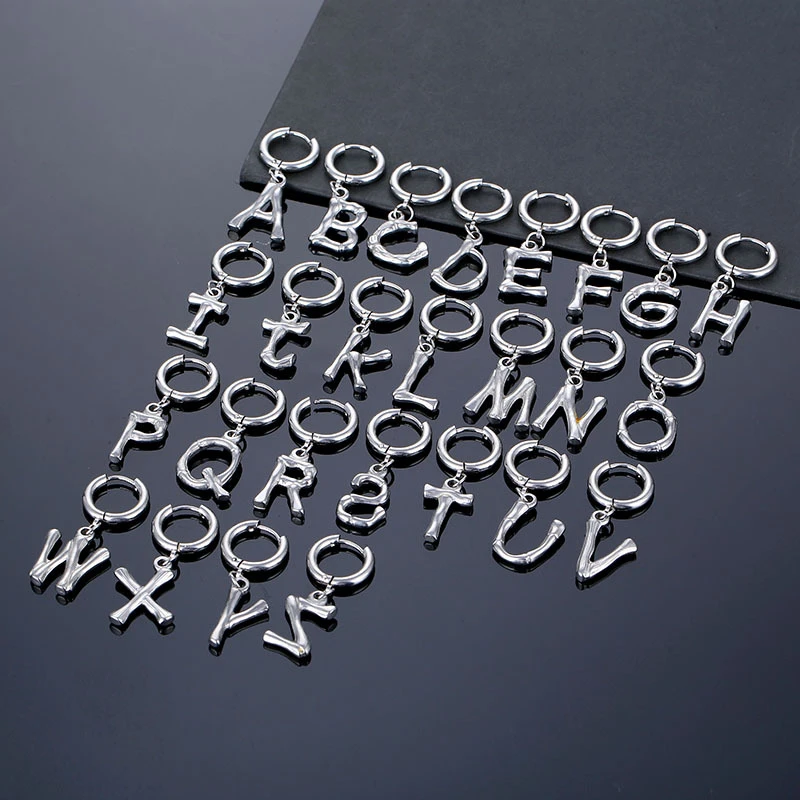 

1pc Woman's Stainless Steel Hoop Earrings For Women Men Punk Design Alphabet 26 Letters Ear Piercing Jewelry Accesories Gifts
