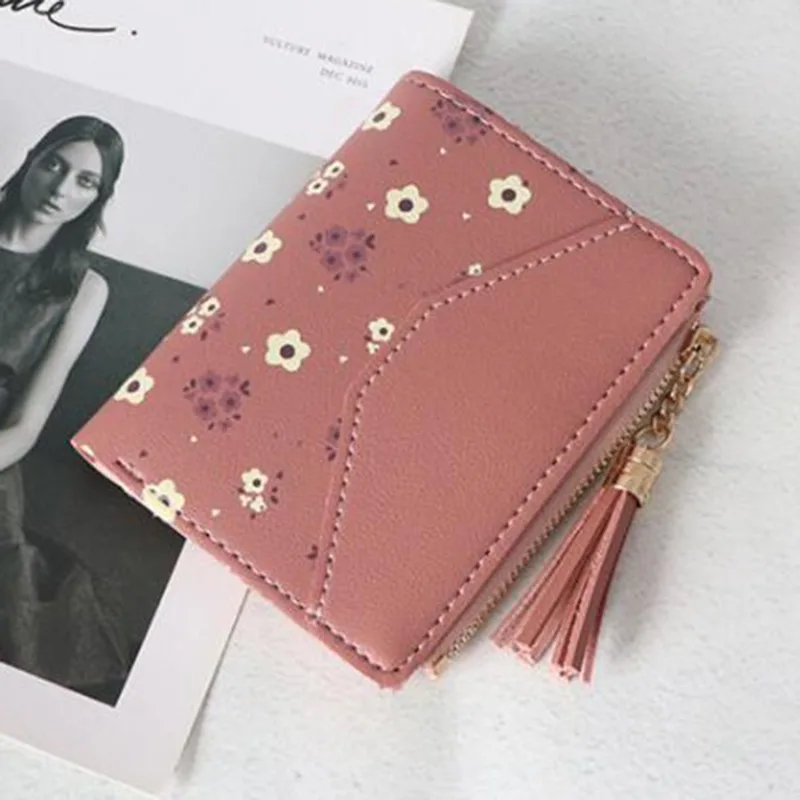 

Printed Flowers Women Wallet Small Zipper Girl Moneybag Two Folding Pu Leather Women Coin Purse Female Tassel Cute Card Holder
