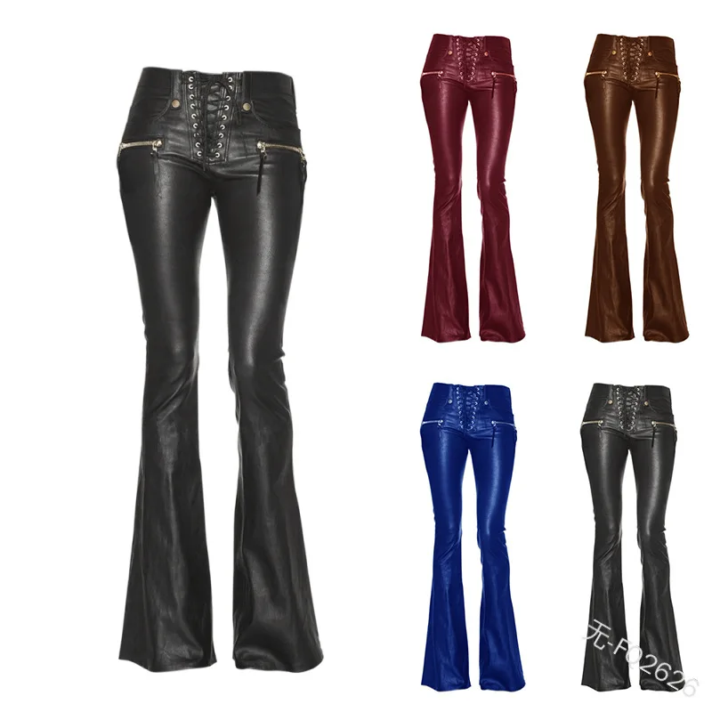 2023 New Women Leather Pants Punk Rock Sexy Bandage Motorcycle Leather Pants Tight High-waist Lace Up Bodycon Flare Trousers