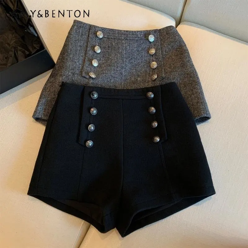 

Autumn Winter Retro Herringbone Pattern Wool Woolen Shorts Women's All-Match Loose Slim Looking Base Casual Short Pants