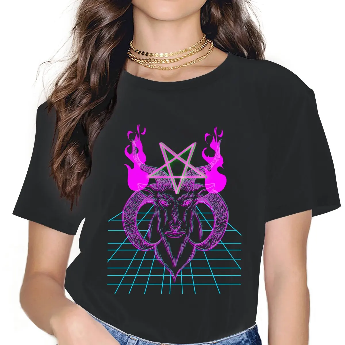 

Women The Devil Neon Retrowave T Shirt Baphomet Satan Lucifer Pure Cotton Tops Awesome Short Sleeve Round Collar Tees Graphic