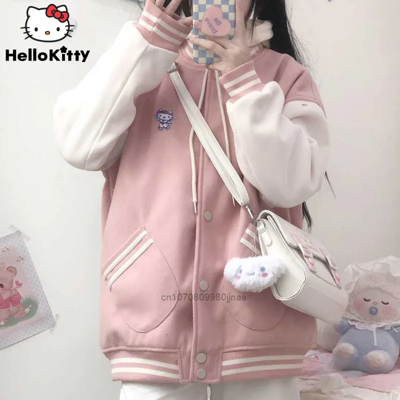 

Sanrio Hello Kitty Fashion Loose Casual Jacket Y2k Girl Autumn New Thicked Cute Cartoon Baseball Coat Women Harajuku Street Tops
