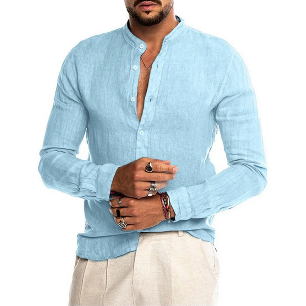 

Chemises à manches longues pour hommes, en coton et lin, couleur unie, col montant, décontracté, Style plage, grande taille,