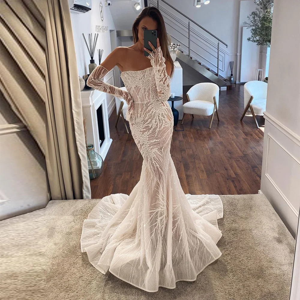

Sevintage Shiny Sequined Crystal Beading Mermaid Wedding Dresses Long Sleeves Wedding Gown Bridal Gown vestidos de novia