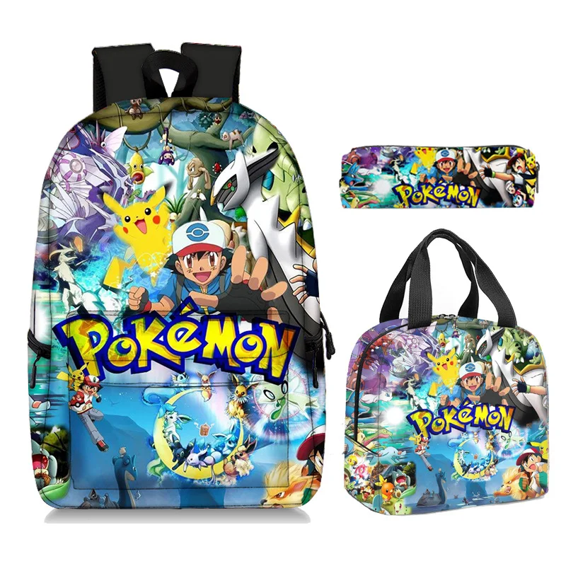 

Модернизированная школьная сумка Pikachu из трех предметов, ученический пенал с героями мультфильмов Покемон, сумка для обеда, подарок на день рождения для девочек и мальчиков