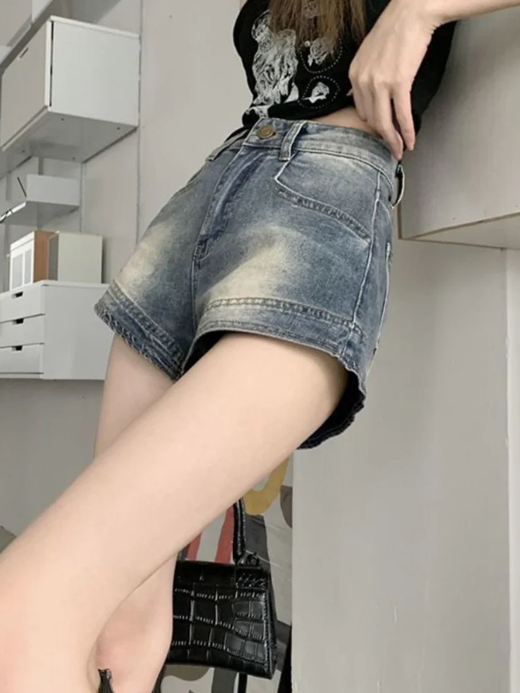 HOUZHOU Vintage Kpop Jeans Shorts Korean Style High Waist Distressed Denim Short Pants Female Harajuku Streetwear American Retro