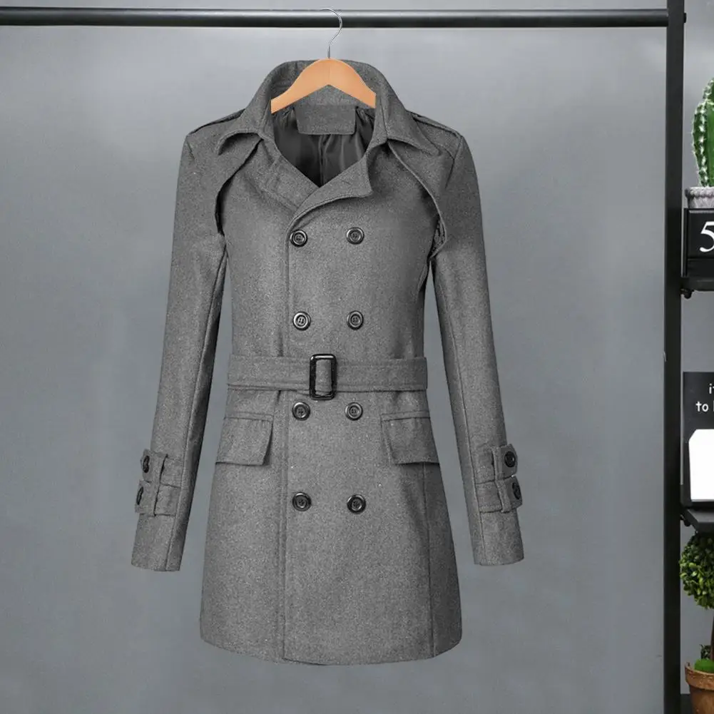

Woolen Coat Stylish Men's Double Breasted Woolen Jacket with Lapel Pockets Belt for Autumn Winter Business Casual Attire Formal