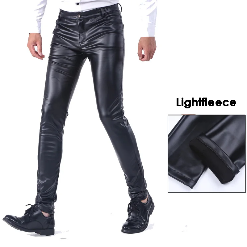 Men Light Velvet Leather Pants Warm Skinny Fit Elastic Fashion PU Leather Trousers Wet Look Stretch Plush Motorcycle Pants