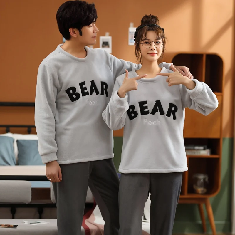 2022 Winter Couple Long Sleeve Thick Warm Flannel Pajama Sets for Men Korean Loose Sleepwear Pyjamas Women Homewear Home Clothes