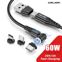 USLION 2 in 1 PD 60W Fast Charging Magnetic Cable USB C to Type C Micro Data Cord for iPhone 15 14 Pro Max Xiaomi 13 Poco M5 X5