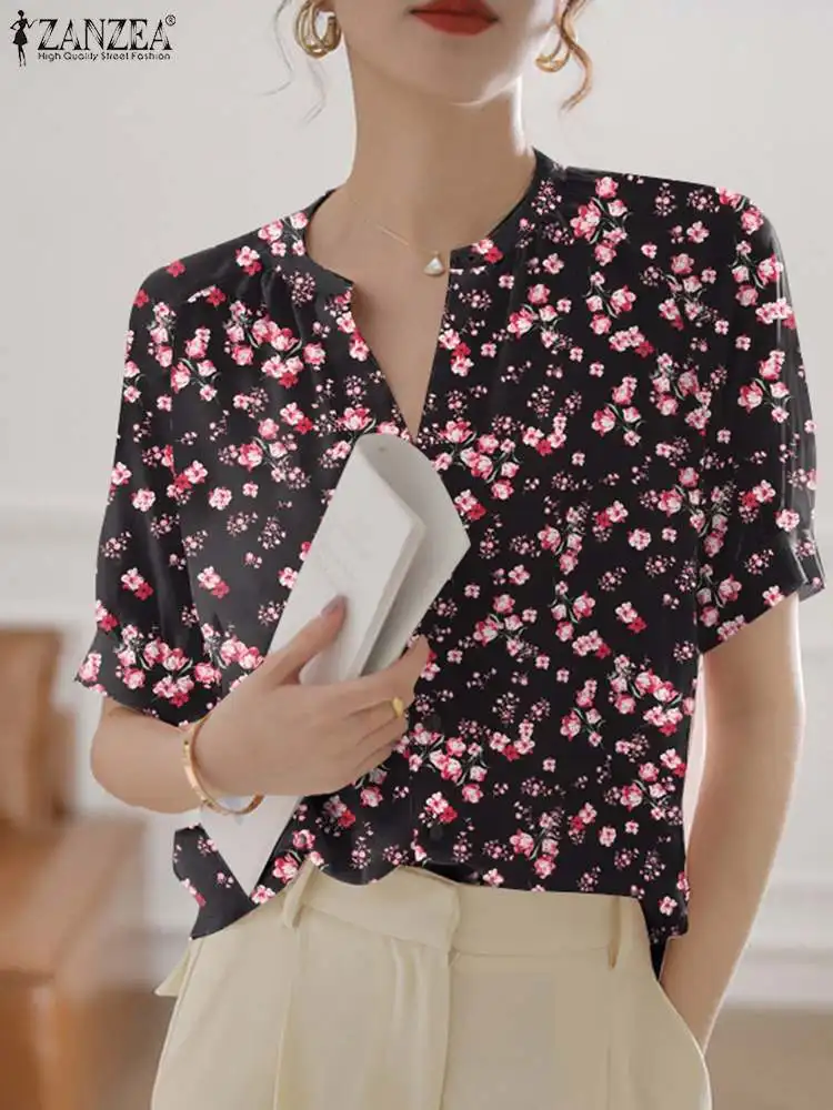 

ZANZEA Women Floral Printed Blouse 2023 Summer Short Sleeve Tops Fashion V-neck Tunic Casual Loose Holiday Korean Style Shirt