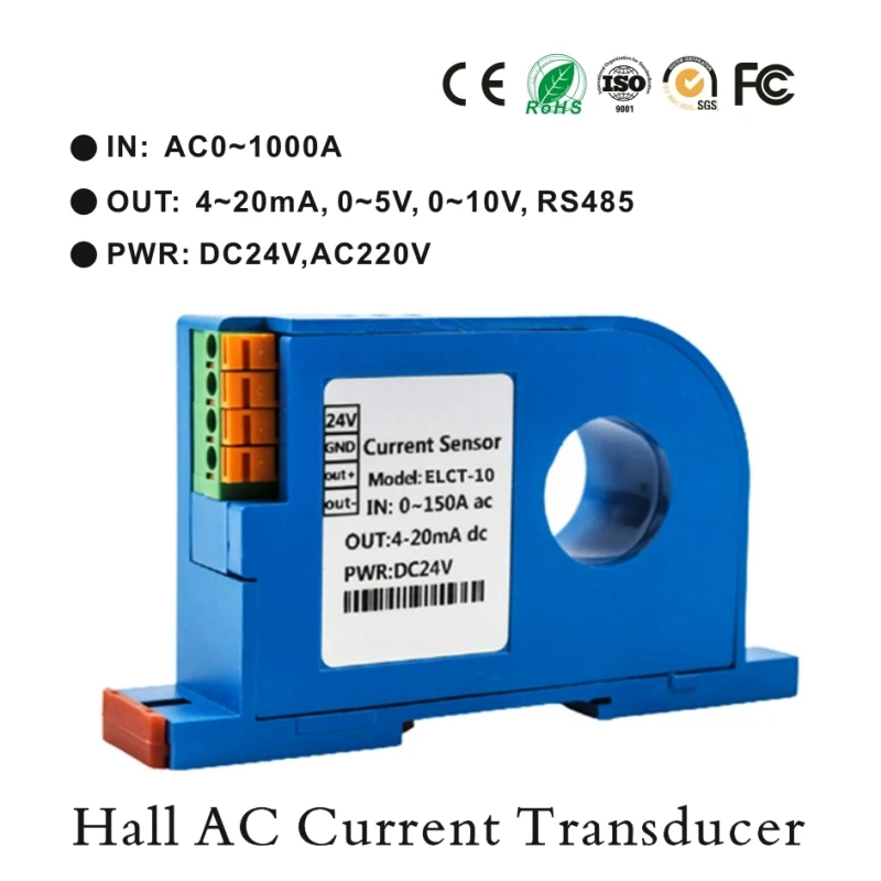 

AC Current Transmitter Din Rail 0-1000A Current Sensor Open Loop Hall Current Transducer Output 4-20mA RS485