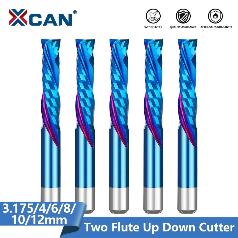 XCAN Compression Milling Cutter 3.175/12mm Shank Woodwork UP DOWN Cut CNC Router Bit Two Flutes Spiral Carbide Milling Tool