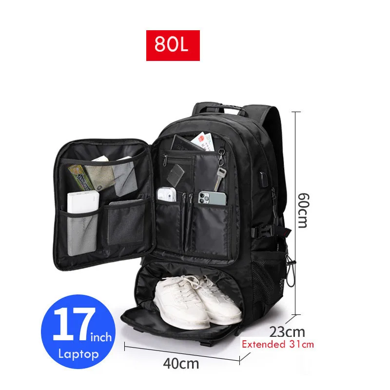 YIFANGZHE Travel Backpack 60L 80L Larg Capacitiy,  Premium Nylon Backpack with USB Port Charging and Shoes Pocket