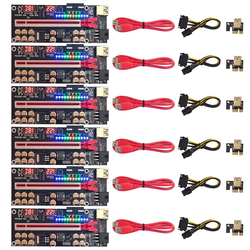 

6 Pcs New VER018 PRO PCI-E 1X To 16X GPU Extension Cable Riser Card With LED Lights/Voltage/Temperature Display