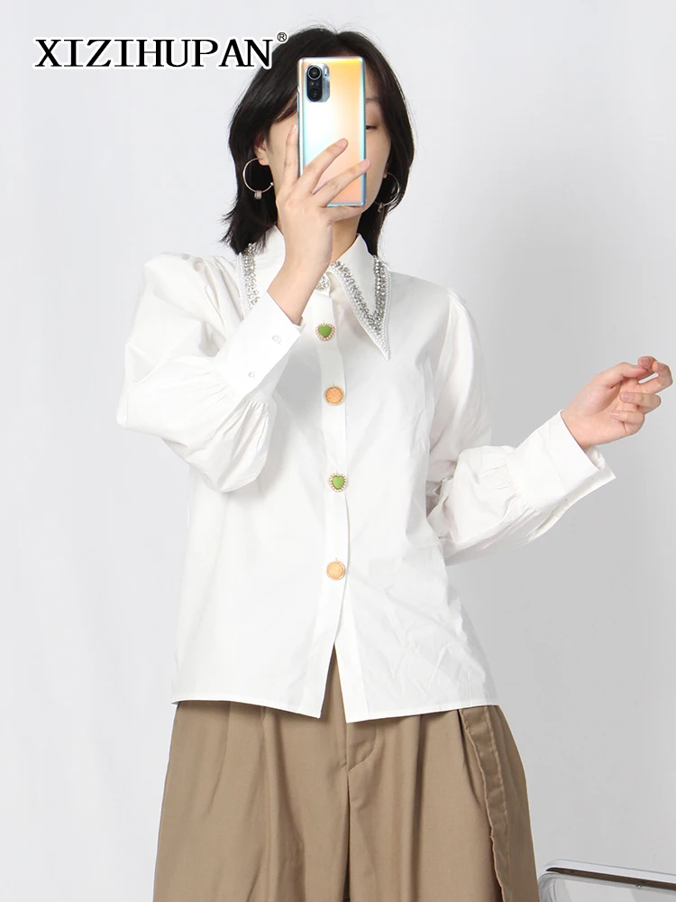 

XIZIHUPAN Casual Patchwork Diamond Shirt For Women Lapel Collar Long Sleeve White Elegant Shirts Female Fashion New Clothes 2022