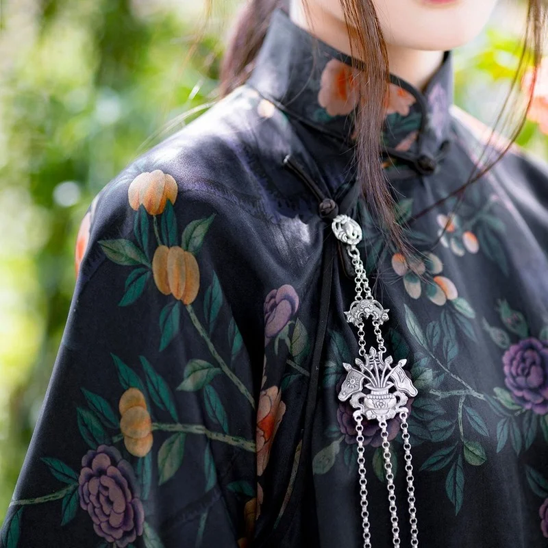 

Chinese Style Black Cheongsam Women Elegant Retro Satin Stand Collar Floral Print Large Sleeves Qipao Improved Loose Long Dress