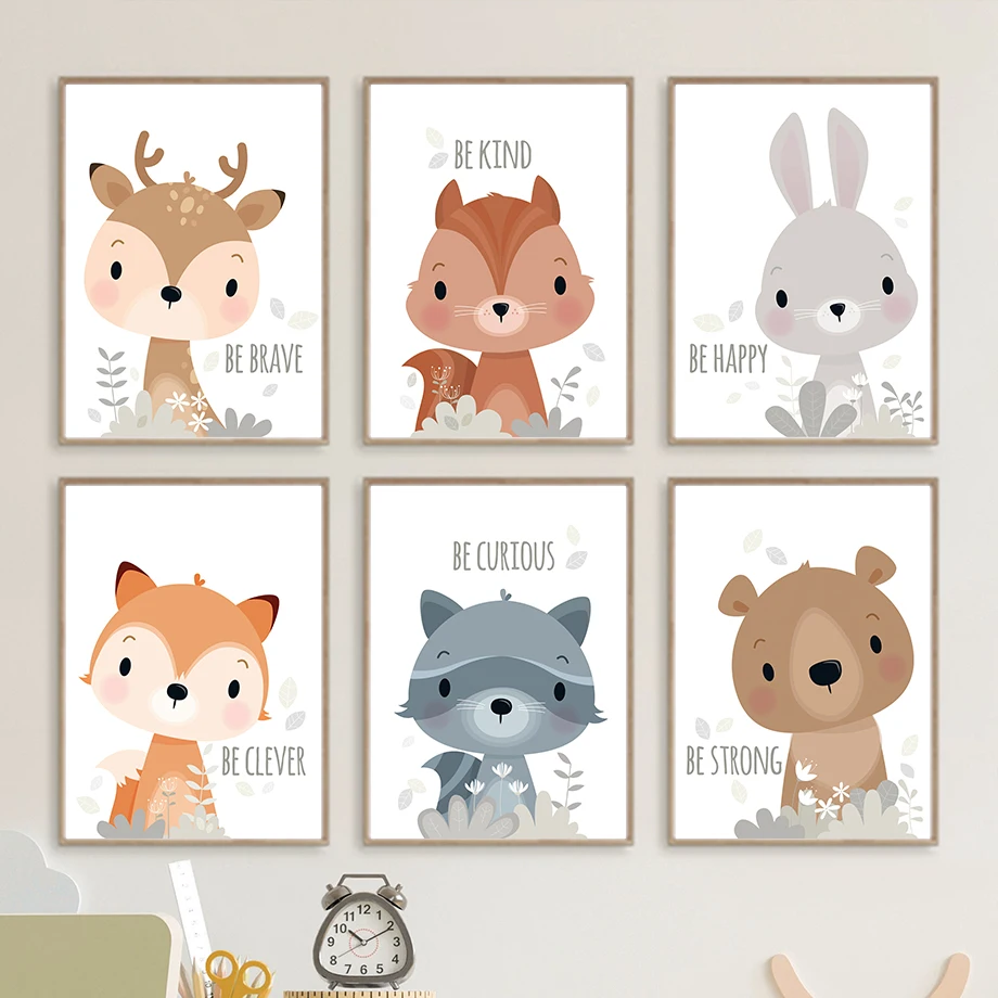 Живопись в скандинавском стиле с изображением лисы, медведя, оленя, искусственного енота, настенные картины для декора детской комнаты
