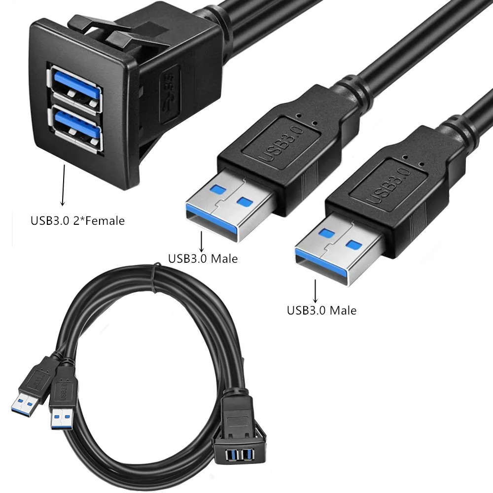 Фото Автомобильный удлинитель с двумя USB-портами, квадратный удлинитель с USB 3,0 для приборной панели, мотоцикла №1