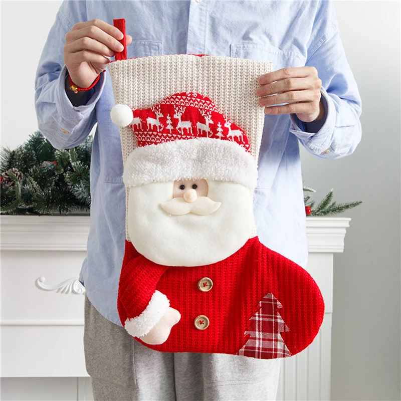 

Large Red White Knitted Christmas Stocking Santa Claus Fireplace Decor Socks Xmas Gift Bags Candy Holder Decor For Home