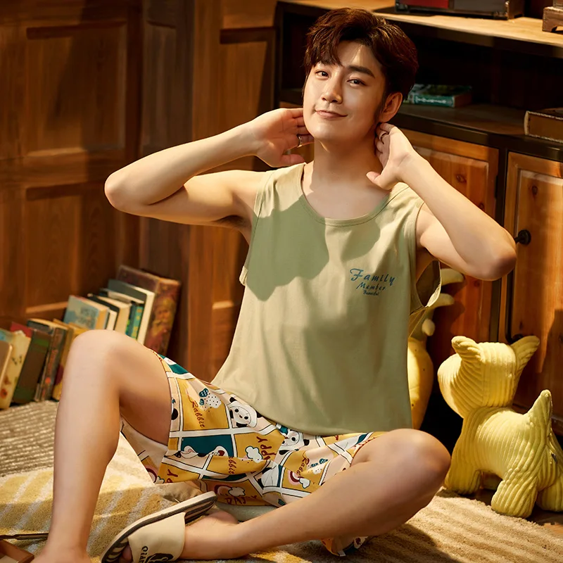 Летняя трикотажная Хлопковая пижама для пар жилет с мультяшным рисунком