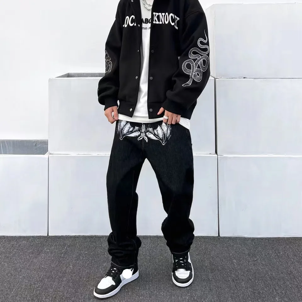 Y2K Korean Men Fashion Black Streetwear Casual Skull Straight Wide Leg Cargo Pants Baggy Denim Trousers Low Rise Jeans Clothes
