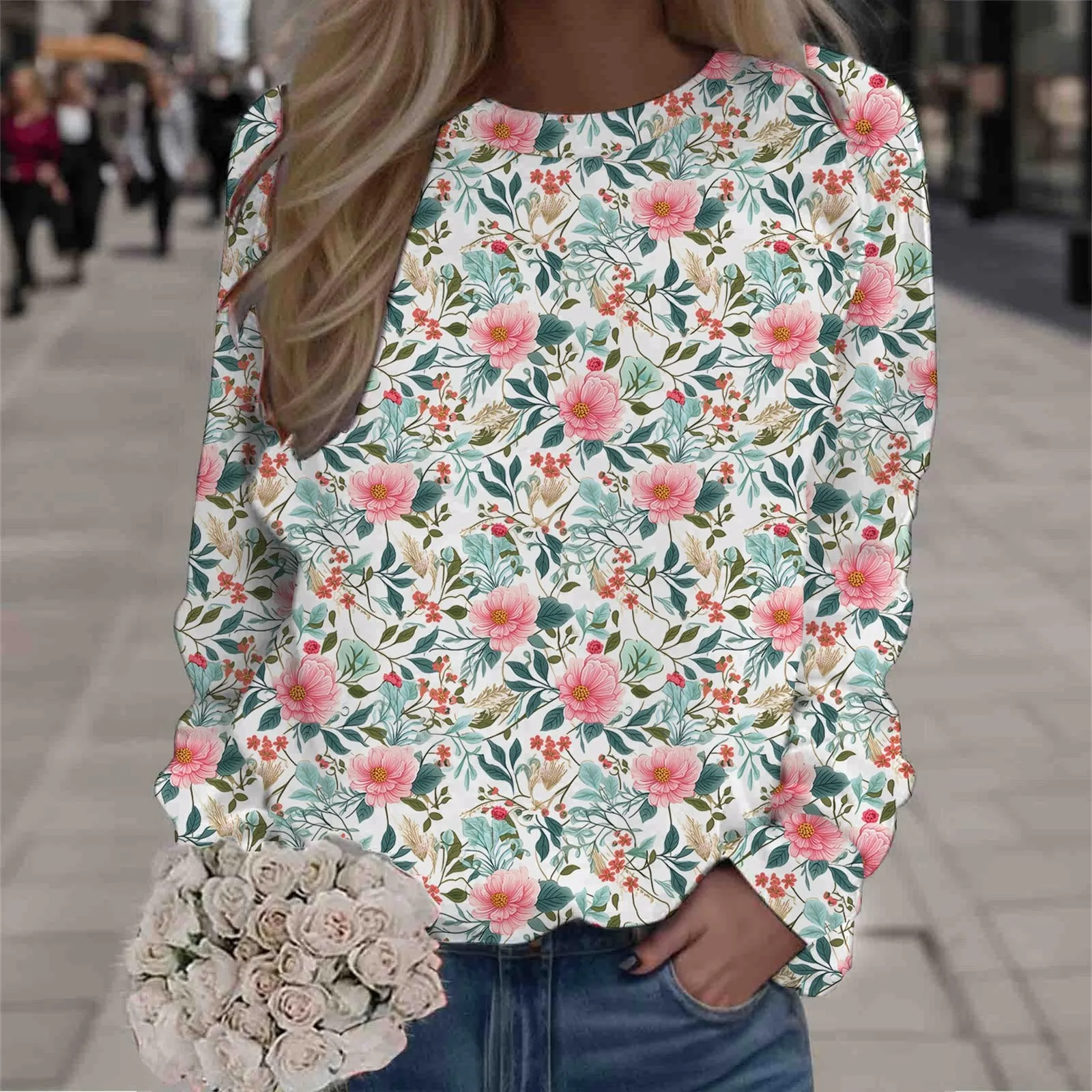 

Sweet Floral Print Sweatshirt For Ladies Comfortable Round Neck 3/4 Sleeve T Shirts For Women Casual Loose Fit Tops Autumn