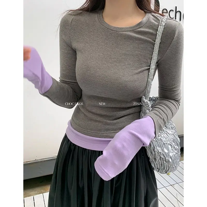 Свитер с длинными рукавами и имитацией двух частей милый женский облегающий