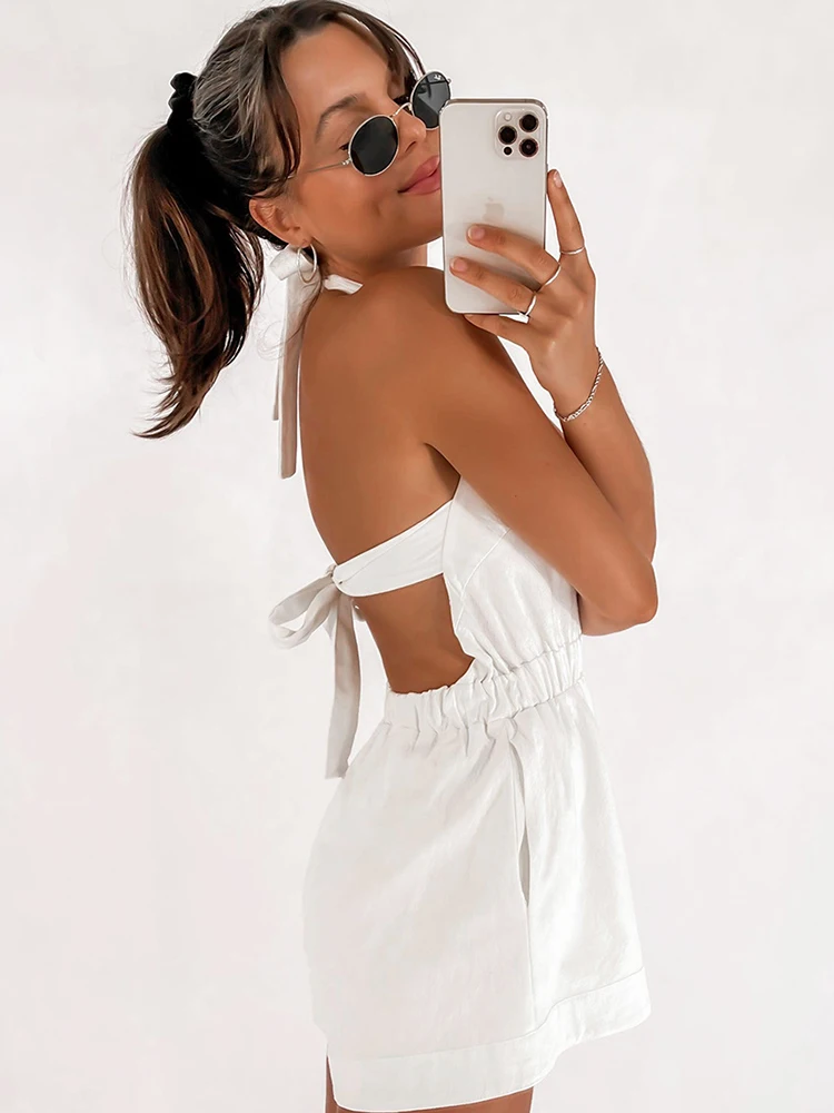 Женский хлопковый комбинезон с высокой талией повседневный белый Облегающий без