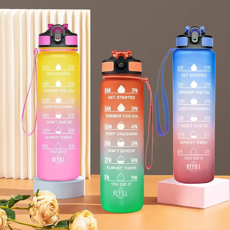 

2022New Bottle 1 Liter Large Capacity Free Motivational With Time Marker Fitness Workout Plastic Cups Outdoor Gym Drinking