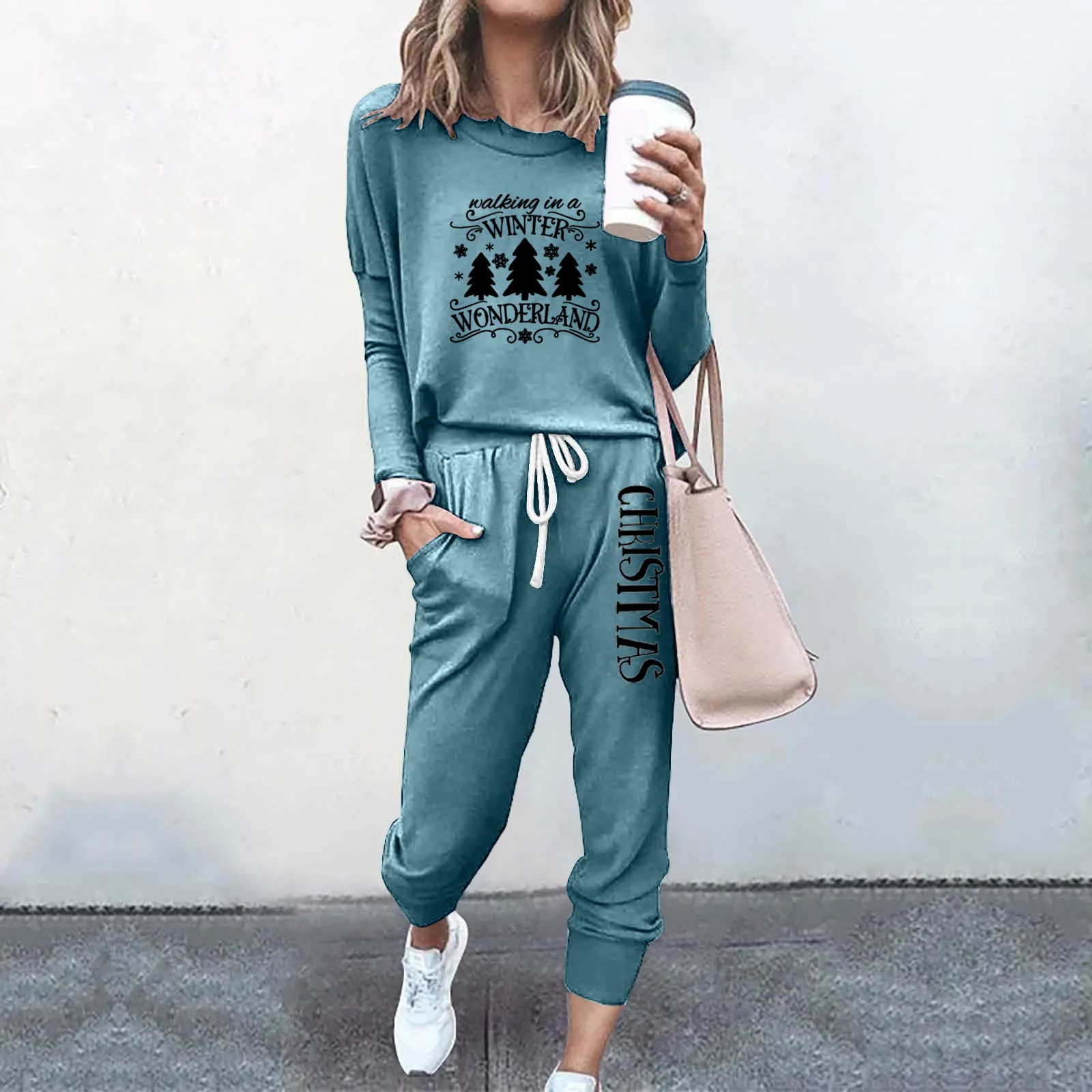 

Christmas Funny Printed Women Christmas Suit Casual Round Neck Long Sleeve And Pocket Drawstring Elastic Waist Pants Sportswear