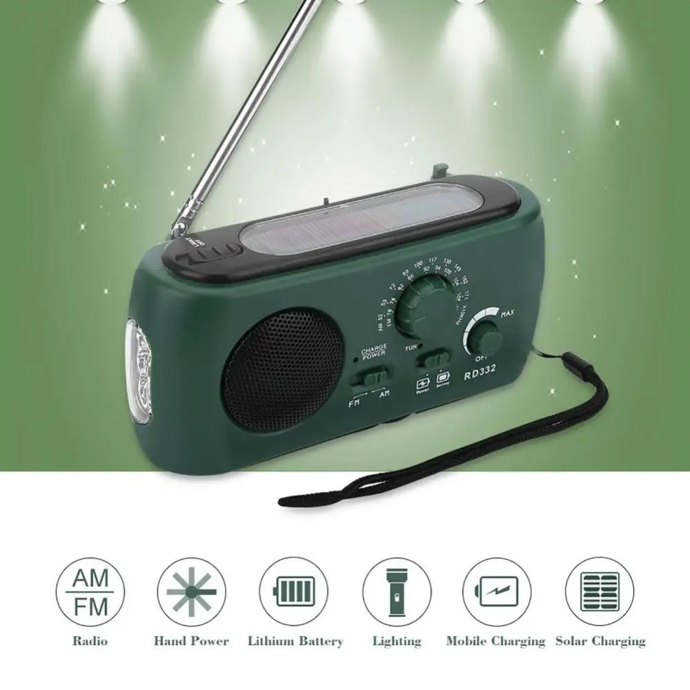 

Солнечная рукоятка AM/FM радио с фонариком, аварийное зарядное устройство для телефона (темно-зеленый), голосовое вещание, милый подарок для дома