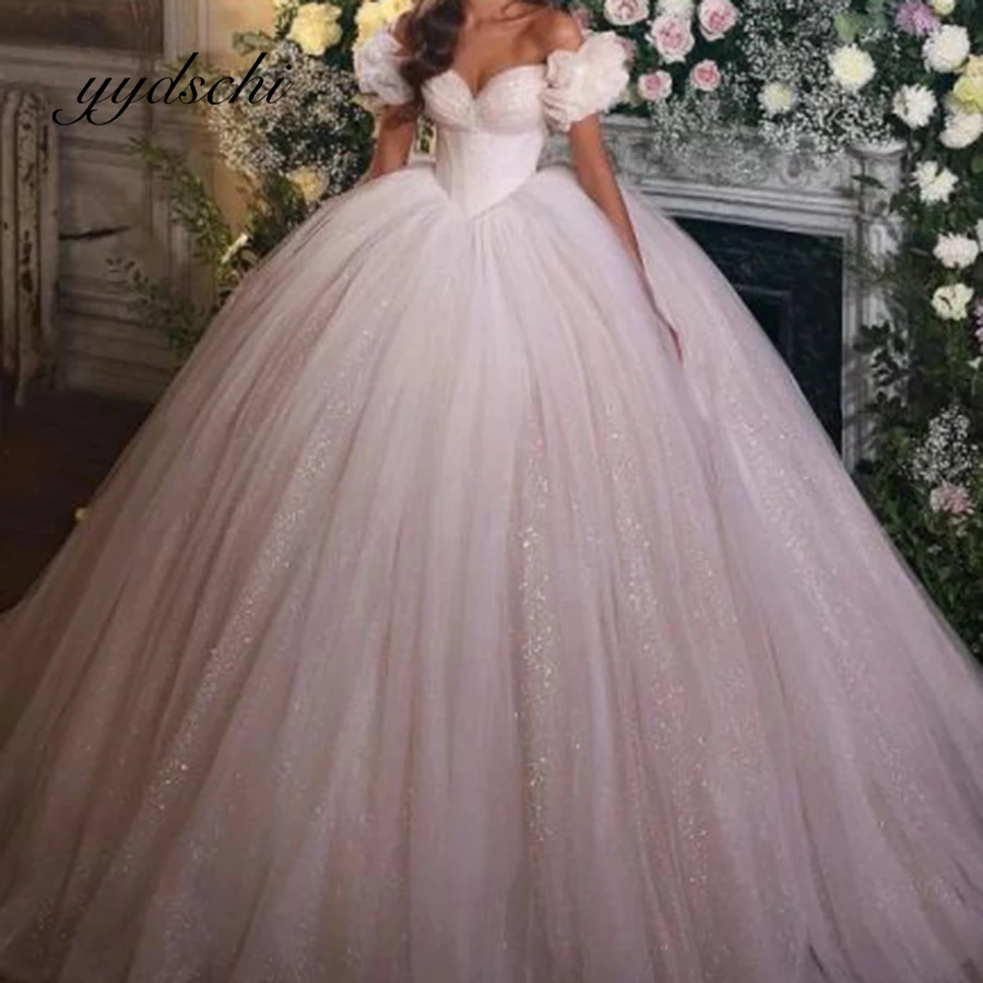 

Сексуальное изысканное свадебное платье без бретелек с открытыми плечами, пушистое бальное платье, сверкающее А-силуэт, свадебное платье до пола для женщин 2022