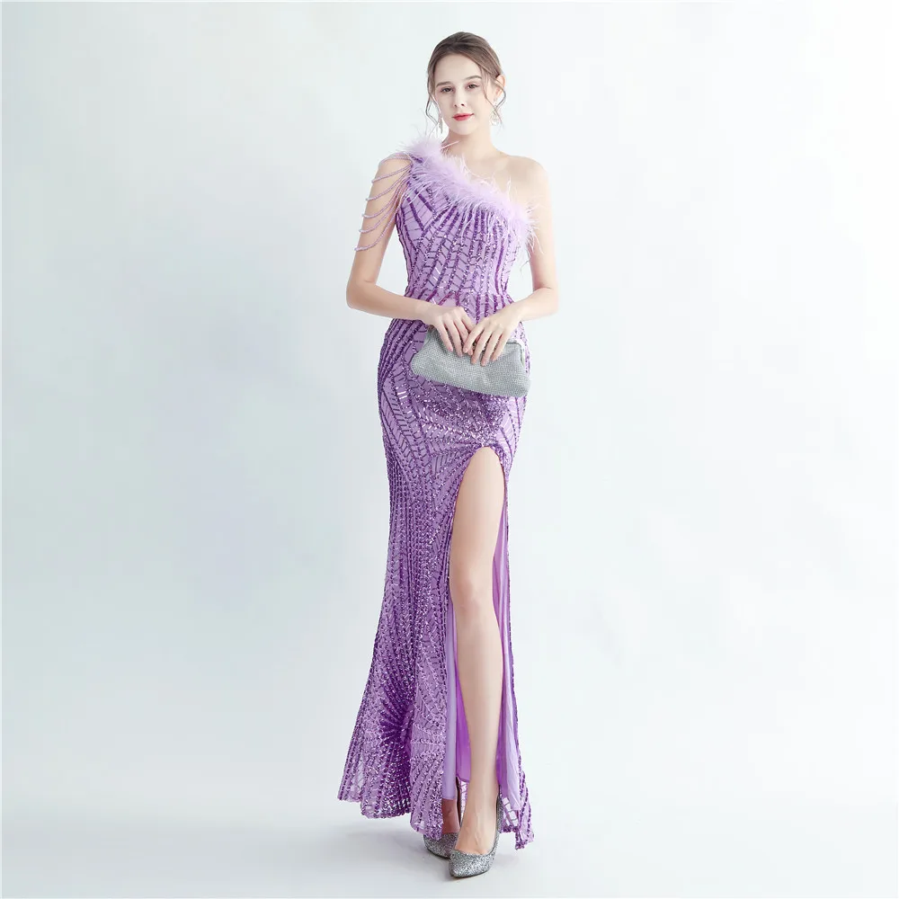 

2023 Hot dress,high-density laminated bead process order ostrich hair nail bead diagonal shoulder high-end evening dress