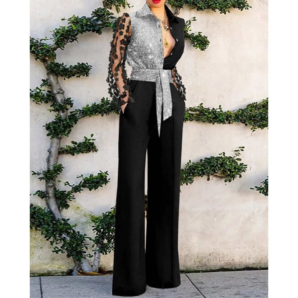 Женский слитный комбинезон с длинным рукавом прозрачными сетчатыми вставками и