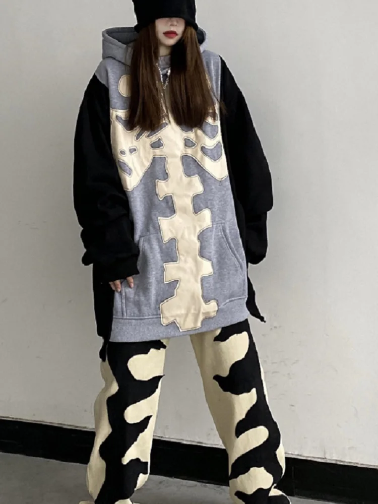 Deeptown Gothicr Skeleton Hoodie Balck Oversize Sweater Cardigan Women Harajuku Hippie Blue Thick Jumper Female Mall Goth Tops