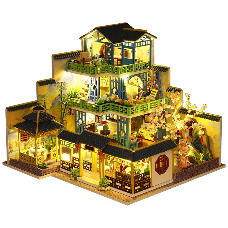 

Деревянный кукольный домик «сделай сам», миниатюрный конструктор, кукольный домик с китайской архитектурой и мебелью, вилла, игрушки для взрослых, подарки на день рождения