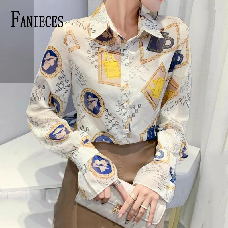 

FANIECES Vintage Print Women Shirt Loose Long Sleeve Lapel Button-up Blouses Casual Chic Streetwear blusas de chifon elegantes