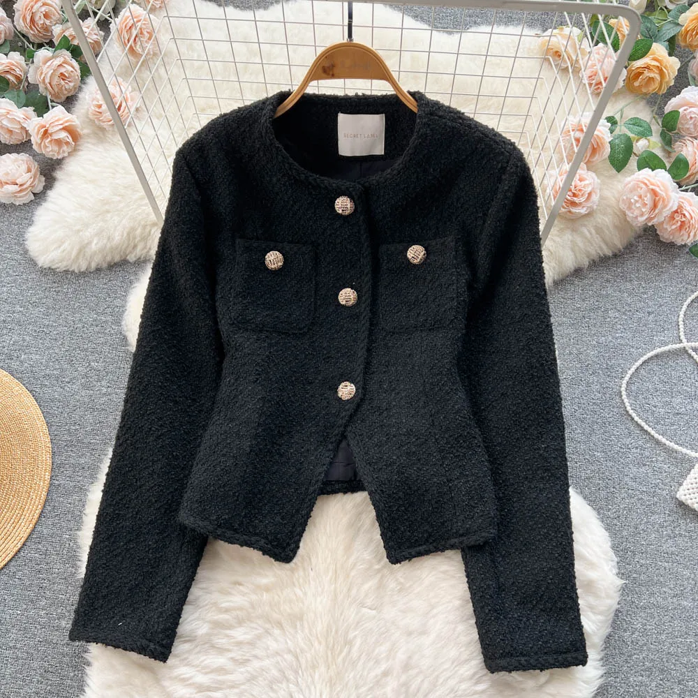 

Autumn and Winter New Tweed Short Paragraph Small Incense Wind Senior Sense of Loose and Versatile Long-sleeved Jacket