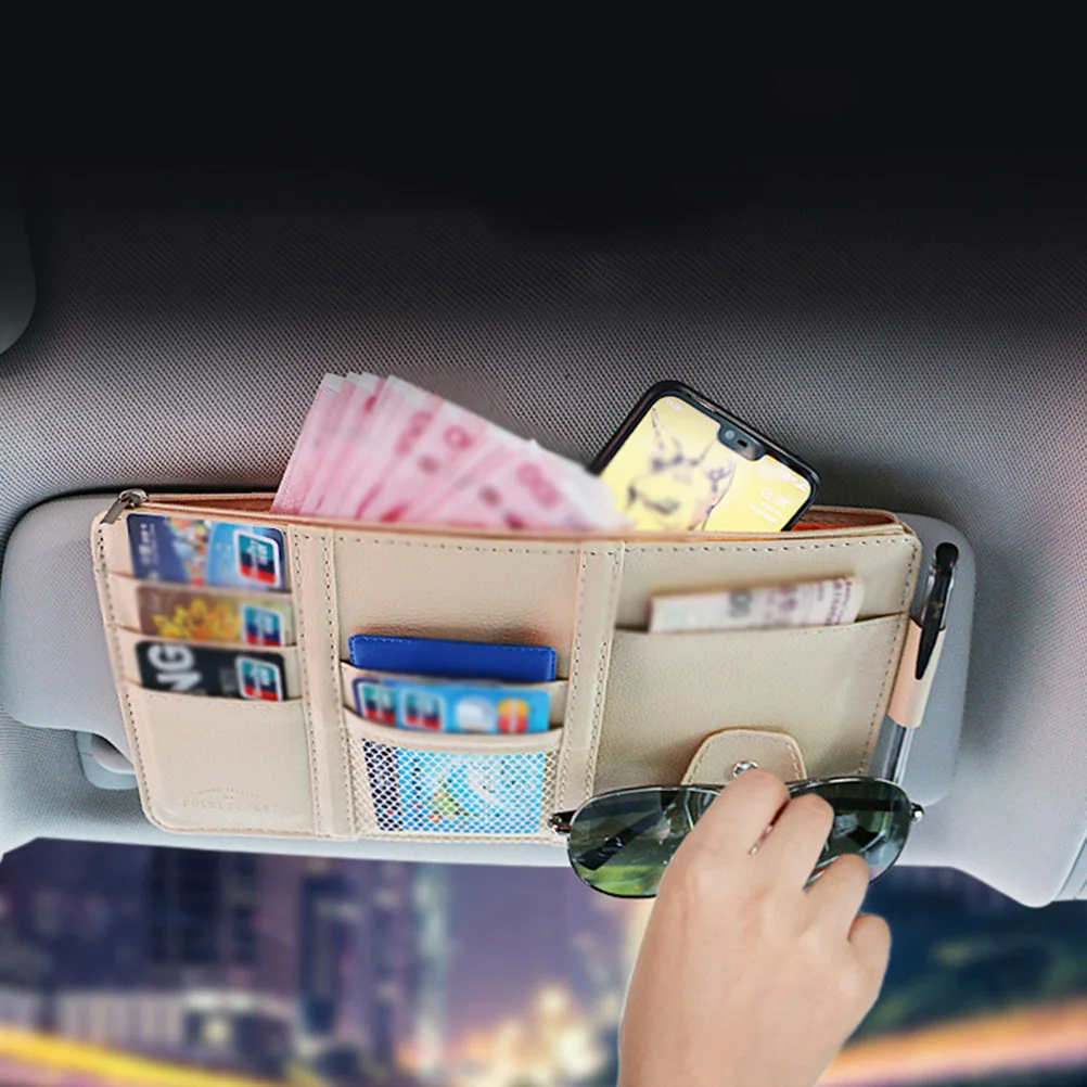 

Multifunctional Automotive Car Sun Protection Visor Glass Storage Clip Zipper Holder Bag (Beige)