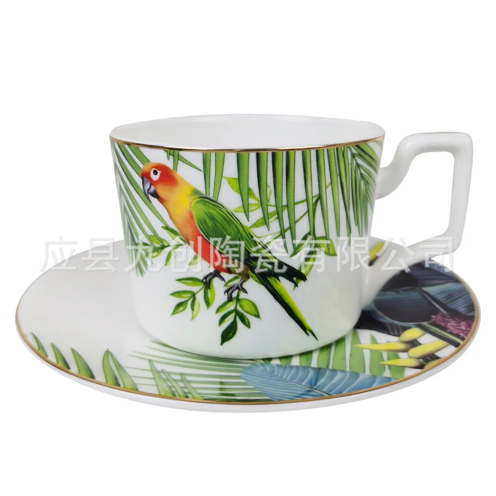 

New parrot bone china coffee cup and plate set pastoral family restaurant Phnom Penh Milk Cup Mug Tea Set