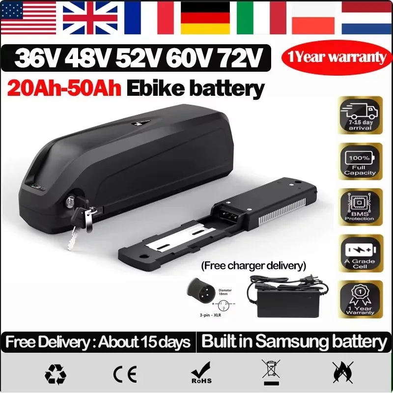 Hailong 48v E Bike Akku 50ah литиевая батарея 52v электрический велосипед Ncr18650b 72v60v36v Ebike 3000w