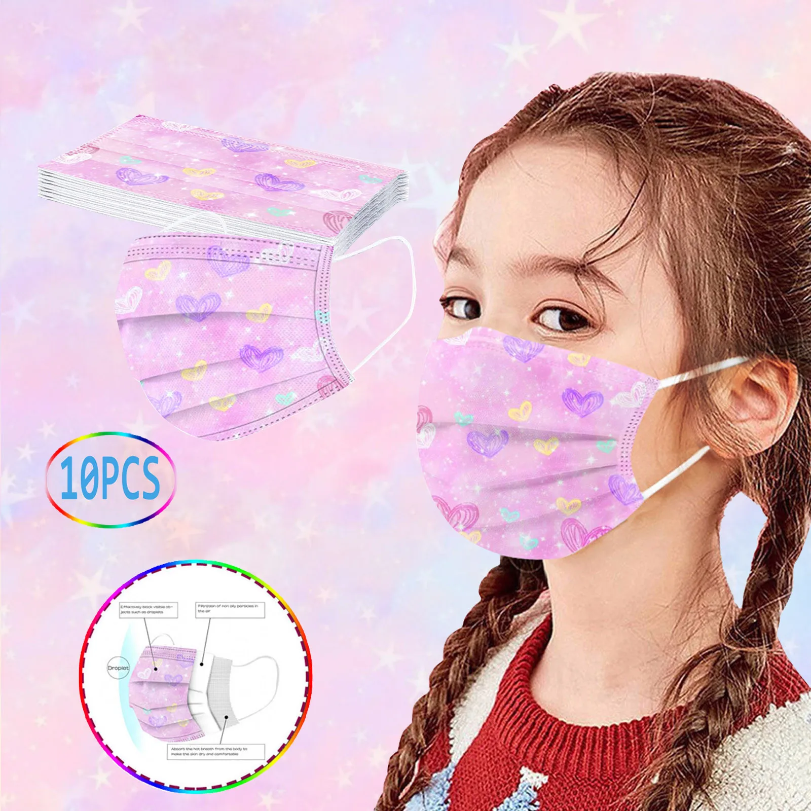 

10pcs Disposable Mask Kids Masque Gradient Printed Mouth Face Masks Fabric Children's Ear Loop Mask Halloween Cosplay Mascherine
