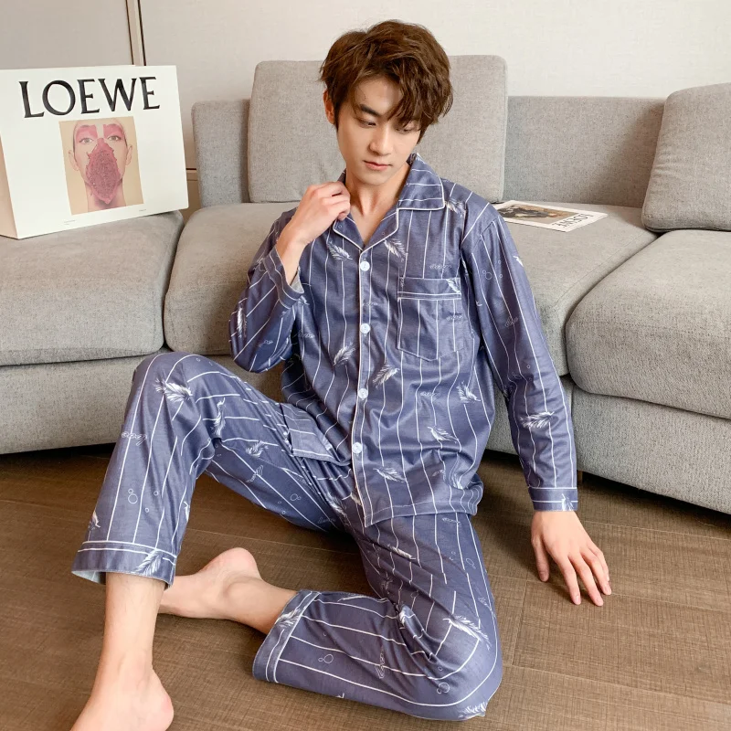 CAIYIER Autumn Winter Pajamas Set For Men Grid Print Long Sleeve Cardigan Casual Sleepwear Male Simple Leisure Homewear XL-3XL