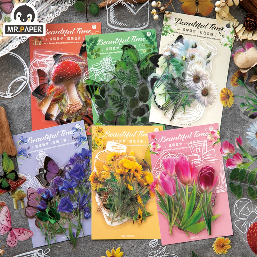 

Mr.Paper 6 Design PET Stickers INS Style Plant Flower Goo Card Handbook DIY Collage Bottle Decoration Material Korean Stationery